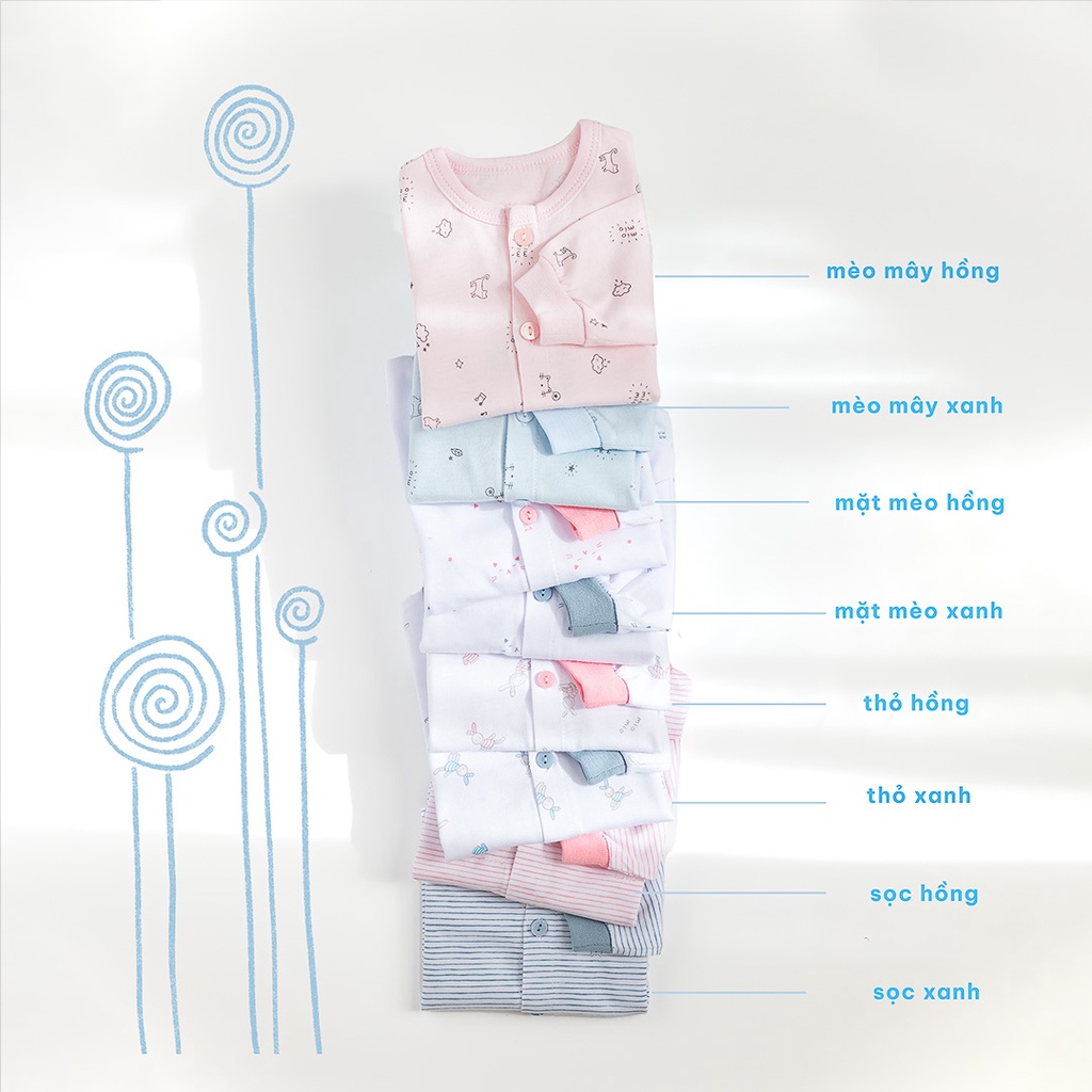 Áo Sơ Sinh Tay Dài, Cài Giữa MIOMIO, Họa Tiết: Thỏ, Sọc, Mèo Mây, Xe Nôi Cho Bé Trai Bé Gái , Vải Cotton