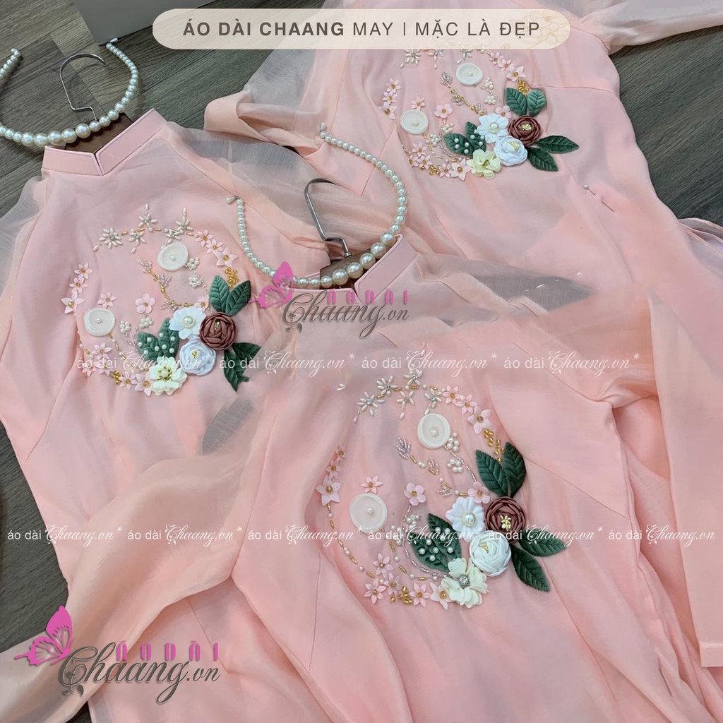 Áo dài cách tân nữ 4 tà CHAANG May thiết kế hoa nổi đính ngọc vải lụa tơ hồng đẹp
