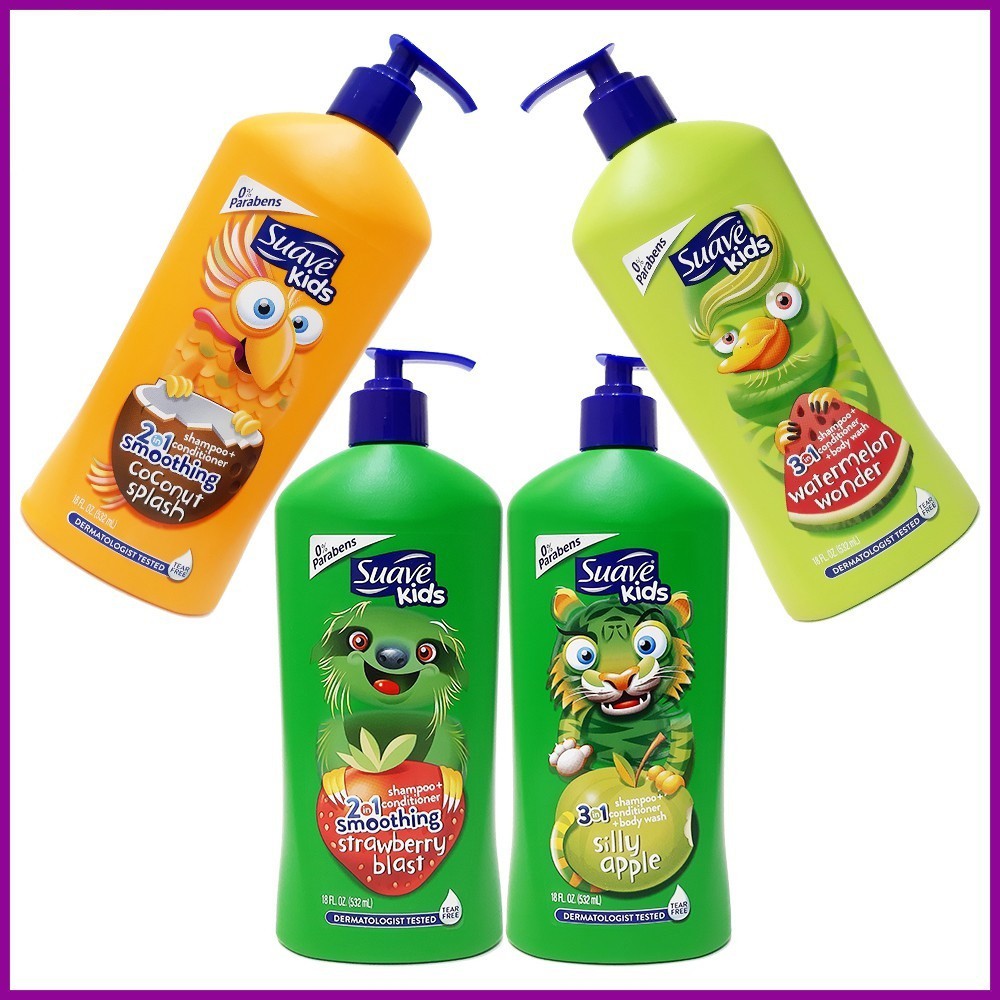 Sữa tắm gội xả em bé Suave Kids 532 ml Mỹ vòi,mùi táo Apple, dưa hấu watermelon,Dâu Strawberry, dừa coconut