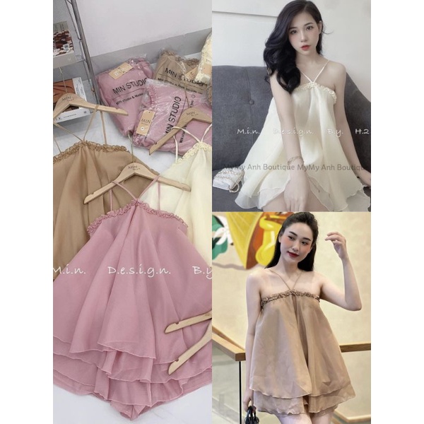 Set Voan Tơ Áo Kiểu Yếm Hai Dây Viền Bèo Xòe Rộng Và Quần Đùi - Tiểu Thư Bánh Bèo Xinh Xắn Cute Sang Chảnh -Babydoll BBD