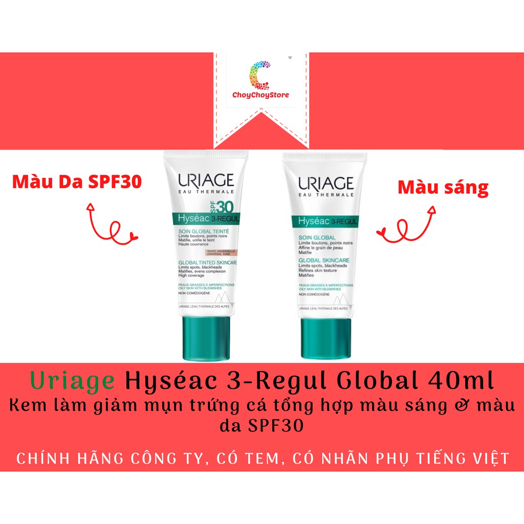 [TEM CTY] URIAGE Hyseac 3 Regul Global &amp; Tinted SPF30 40mL - Kem làm giảm mụn trứng cá tổng hợp, mờ thâm mụn