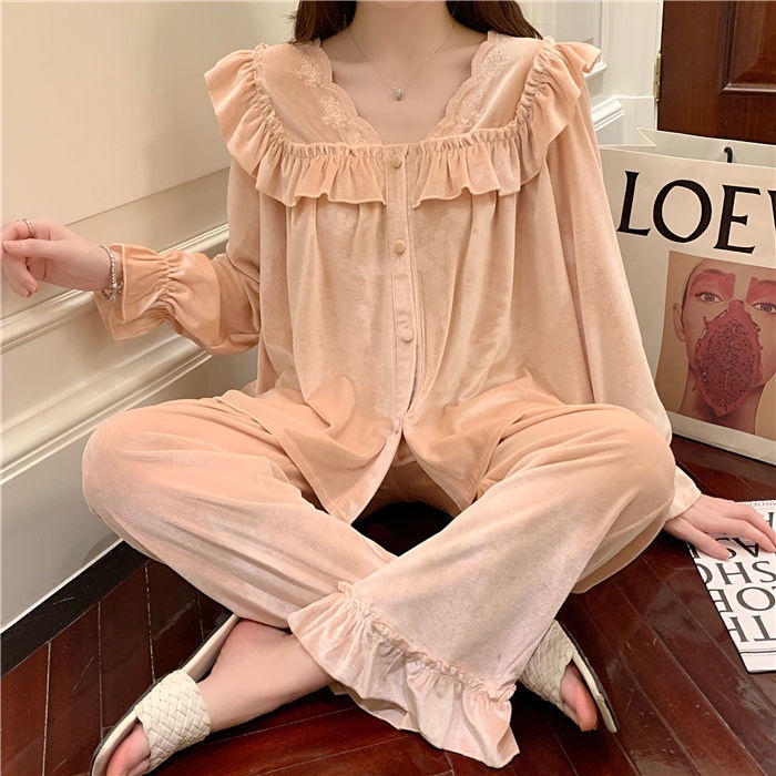 Bộ Đồ Ngủ Tay Dài Chất Nhung Thời Trang Thu Đông Xinh Xắn Cho Nữ