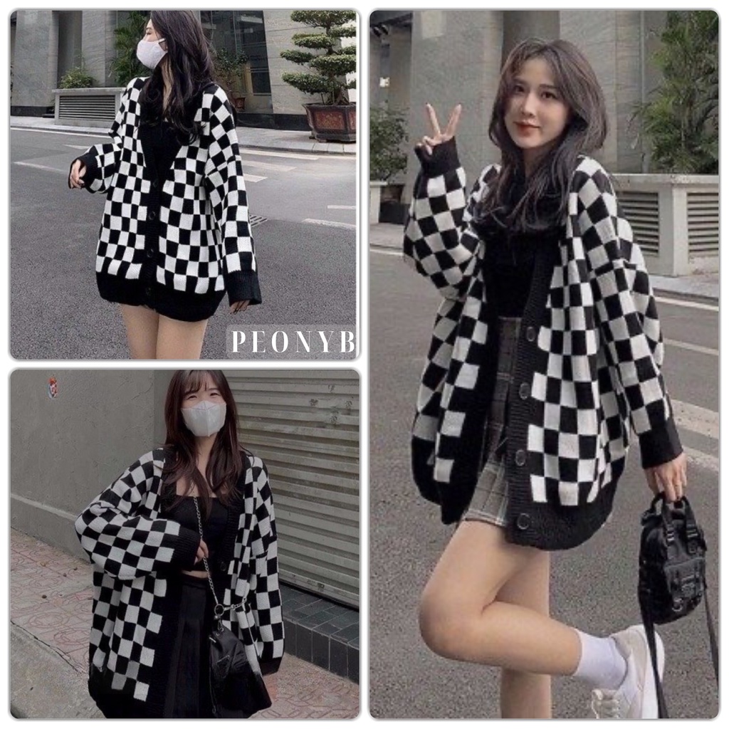 Áo Cardigan Bàn Cờ PEONYB Unisex [FREESHIP]  Khoác nỉ form rộng tay dài bồng cá tính đường phố kiểu dáng hàn quốc đẹp