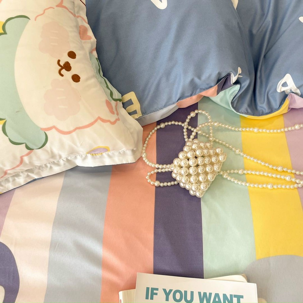 Bộ chăn ga gối cotton poly Lidaco decor phòng ngủ vintage - Thỏ Cầu Vồng (SP001432)