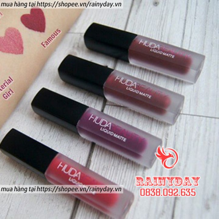 Set 4 son môi kem lì huda beauty liquid matte đẹp cao cấp loại tốt nhất màu hồng đỏ trầm