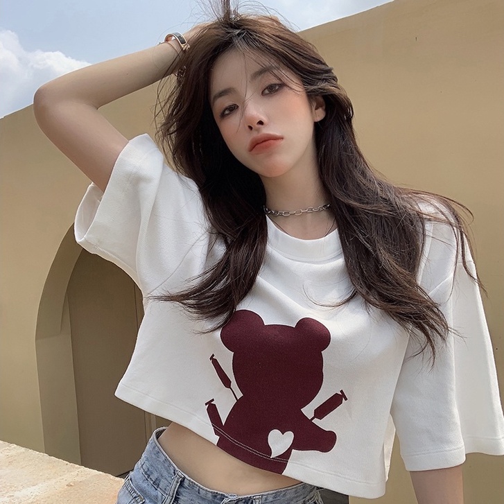 QADCOL Áo Thun Tay Ngắn Dáng Rộng In Hoạt Hình Đáng Yêu Cho Nữ