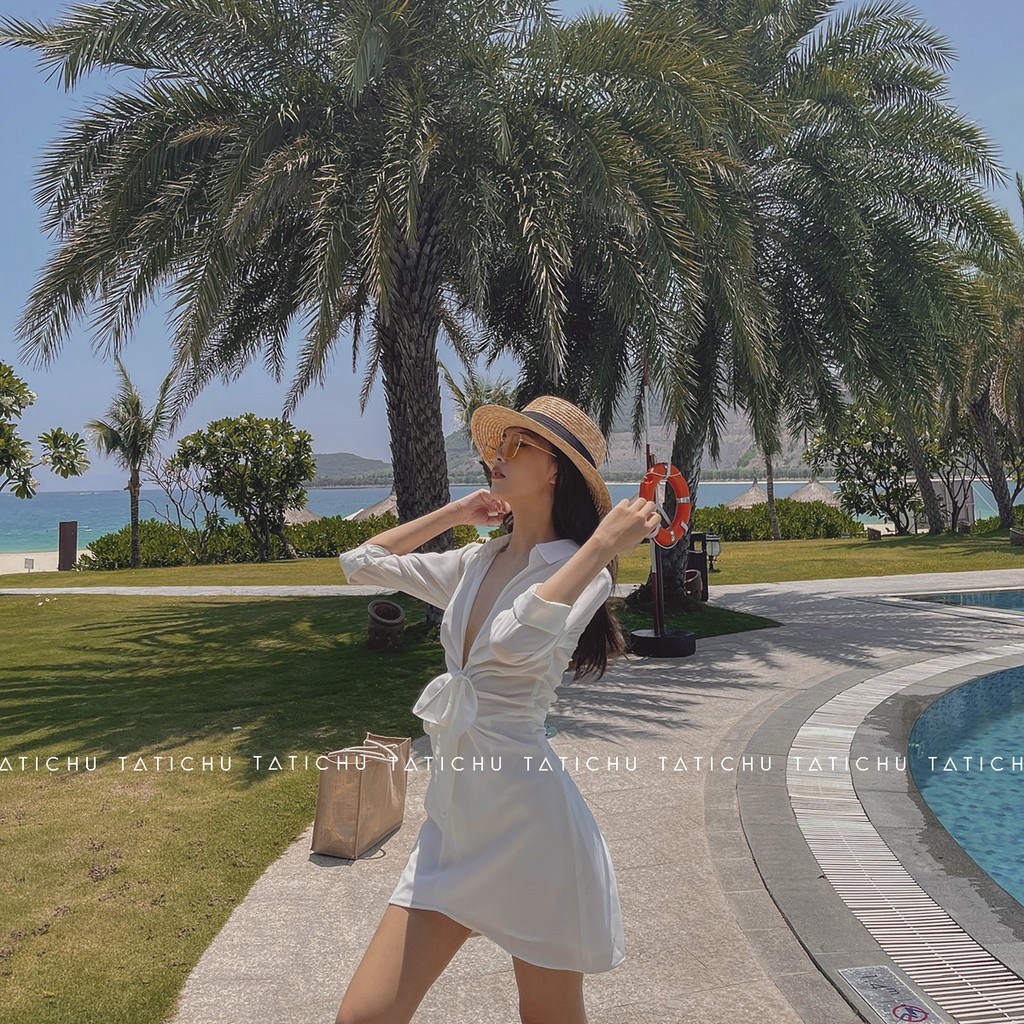 Tropicana Shirt Dress- Đầm sơ mi cổ xẻ V cột nơ, đầm linen đi biển, mùa hè | BigBuy360 - bigbuy360.vn