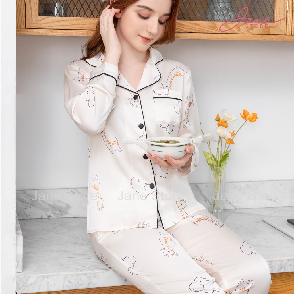 Pijama lụa dài tay phối họa tiết tinh tế - Set đồ ngủ Pijama lụa Pháp họa tiết cực sang trọng JANE mã PD10.