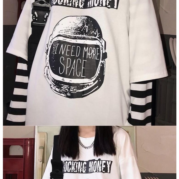 Áo Thun Giả Hai Lớp Tay Dài Dáng Rộng Họa Tiết Kẻ Sọc Thời Trang Xuân Thu Có Size Lớn 150Kg Cho Nữ 240 Phút