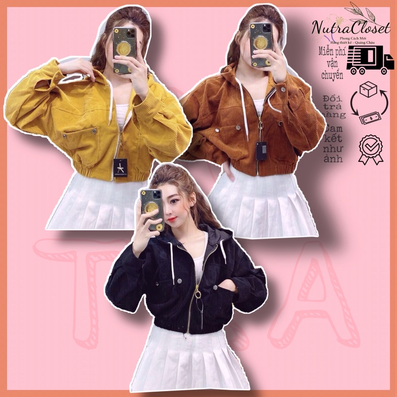 Áo khoác lửng ulzzang kaki nhung có nón quảng châu unisex