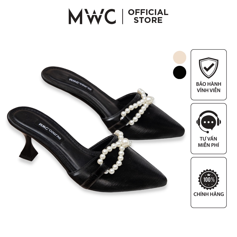 Giày MWC 4195 - Giày Sục Cao Gót 5p, Giày Mules Mũi Nhọn, Sục Cao Gót Mũi Nhọn Đính Nơ Ngọc Nữ Tính