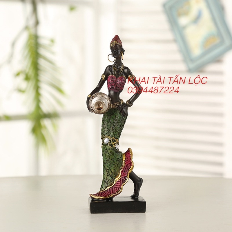 Bộ 2 tượng cô gái Châu Phi cầm bình nước trang trí cao 17cm