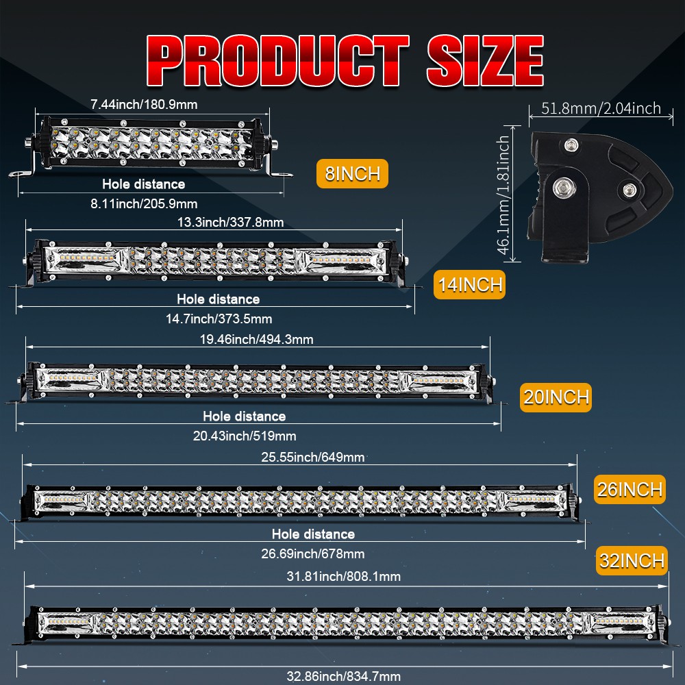 UNI-SHINE 7inch 14inch 20inch LED Flashing Light Bar White Light Mixed Yellow Fog Flash Working Light 12V 24V Led Bar 2 Rows 4x4 Truck Offroad Car Driving Light Bar
