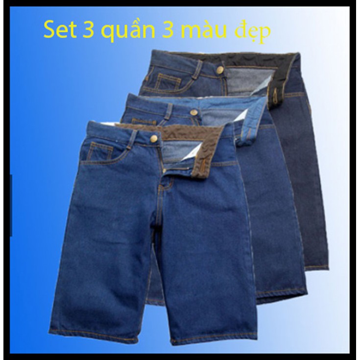 Combo 3 quần shorts jeans nam vải dày 3 màu xanh nhạt, xanh đậm, xanh đen BB jeans