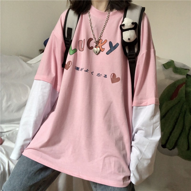 Áo Thun Tay Dài Thu Đông Unisex LUCKY Ráp Tay Ulzzang