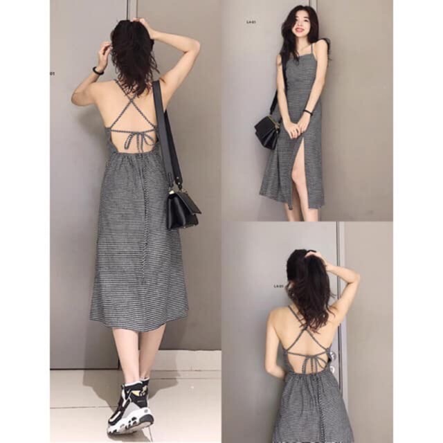 váy cột dây hở lưng caro