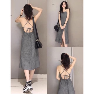 váy cột dây hở lưng caro