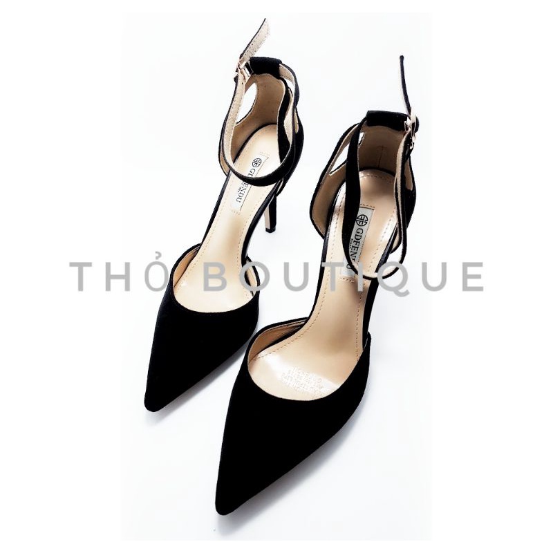 Giày cao gót chính hãng GDFENDU da lộn đen gót hở 7cm size 37