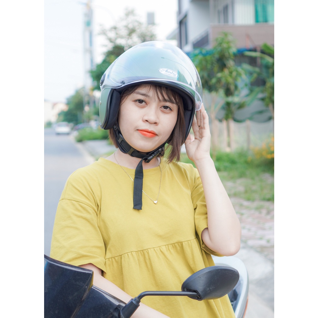 Mũ Bảo Hiểm 3/4 đầu Amby Helmet có kính dài che cả mặt, kiểu dáng thời trang cho nam và nữ - Xanh Lục Quân