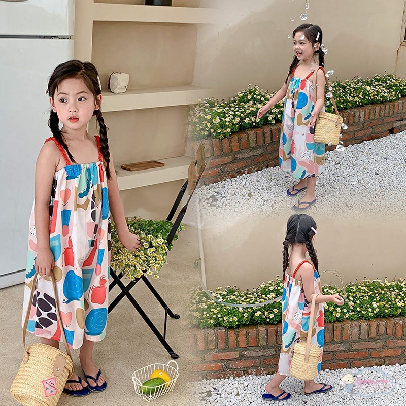 Đầm Hai Dây Đi Biển In Hoa Dễ Thương Thời Trang Mùa Hè Cho Bé Gái