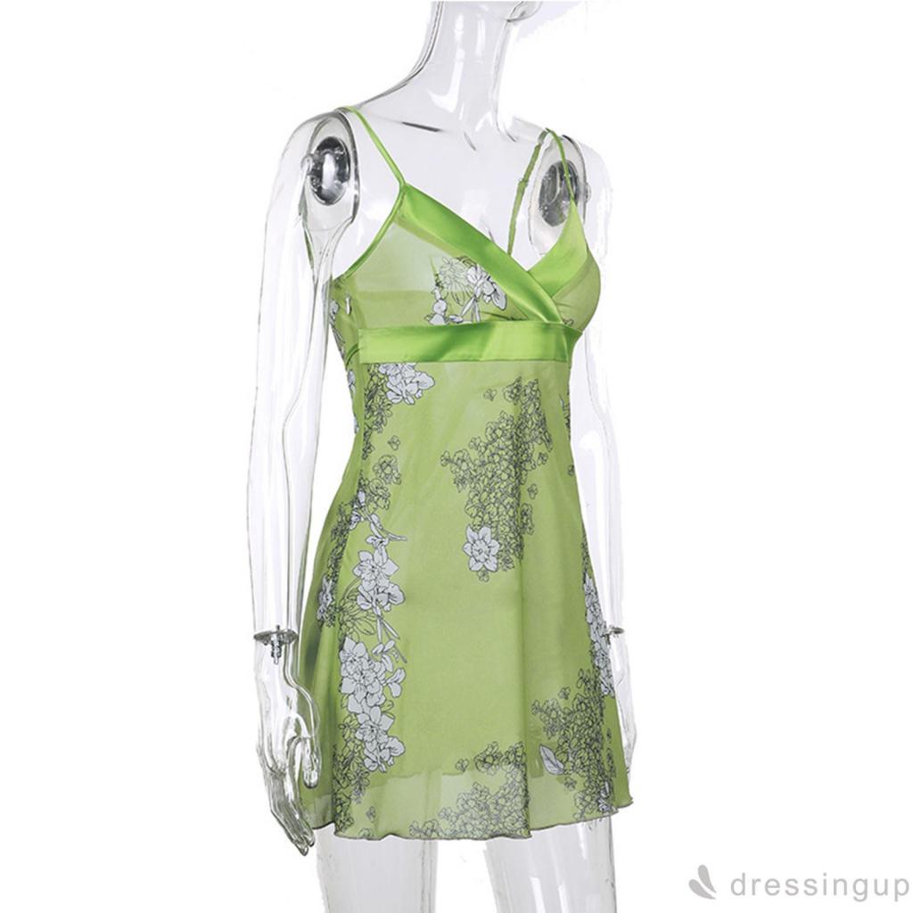 Đầm không tay cổ chữ V eo cao in họa tiết hoa thời trang cho nữ