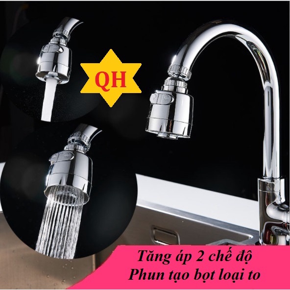 Đầu vòi tăng áp 2 chế độ Loại to, phun Tạo Bọt mạ crom xoay 360 độ, đầu tăng áp cho bồn rửa nhà bếp
