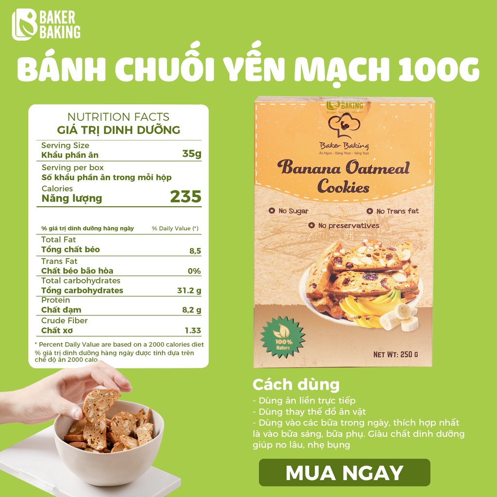 Bánh Chuối Yến mạch Baker Baking - Eat clean hỗ trợ ăn kiêng chứa nhiều Kali 100g