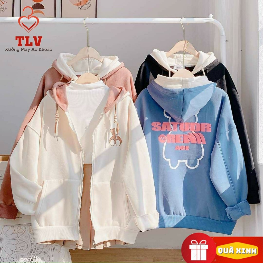 Áo Khoác Hoodie Gấu SATUDR 2 MŨ Nam Nữ Unisex Form Rộng Khóa Kéo Chất Nỉ Bông Dày Dặn Trẻ Trung TLV