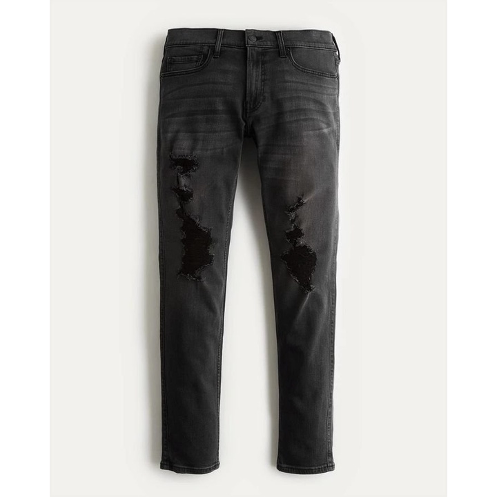 Quần Ripped skinny jeans H0IIister 1 dành cho Nam. Xám Đen Rách nhiều