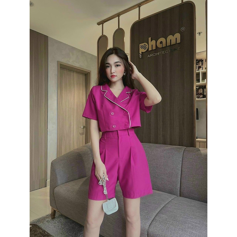 Set Áo Cổ Vest Kiểu Phối Viền Và Quần Ngắn