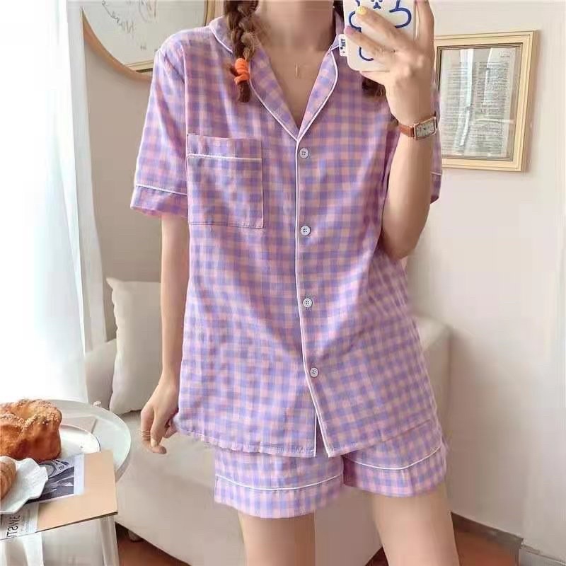 Bộ ngủ/ mặc nhà pijama ngắn ulzzang hoạ tiết kẻ caro | BigBuy360 - bigbuy360.vn