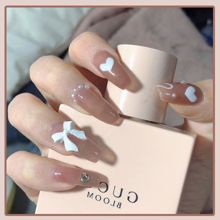 móng giả đính nơ form dài Hin Nail hoạ tiết trái tim