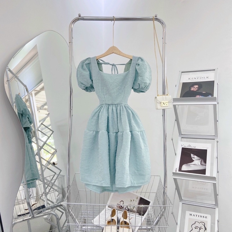Đầm nữ hotgirl siêu xinh,váy cutout lưng cổ u tay phồng phong cách tiểu thư chanh sả