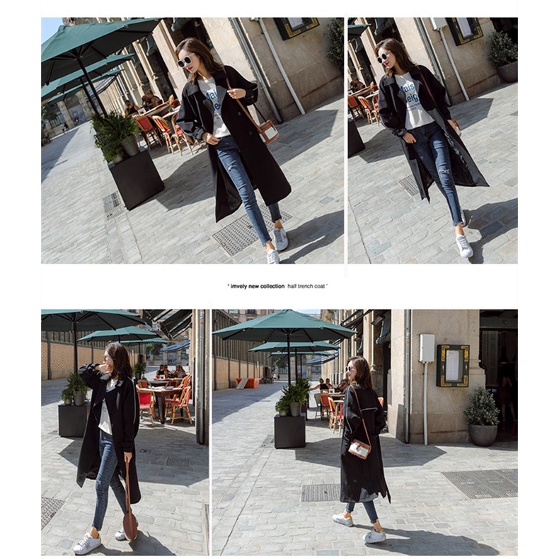 [free gift] Áo khoác gió dáng rộng màu đen thời trang thu đông phong cách Hàn Quốc cho nữ