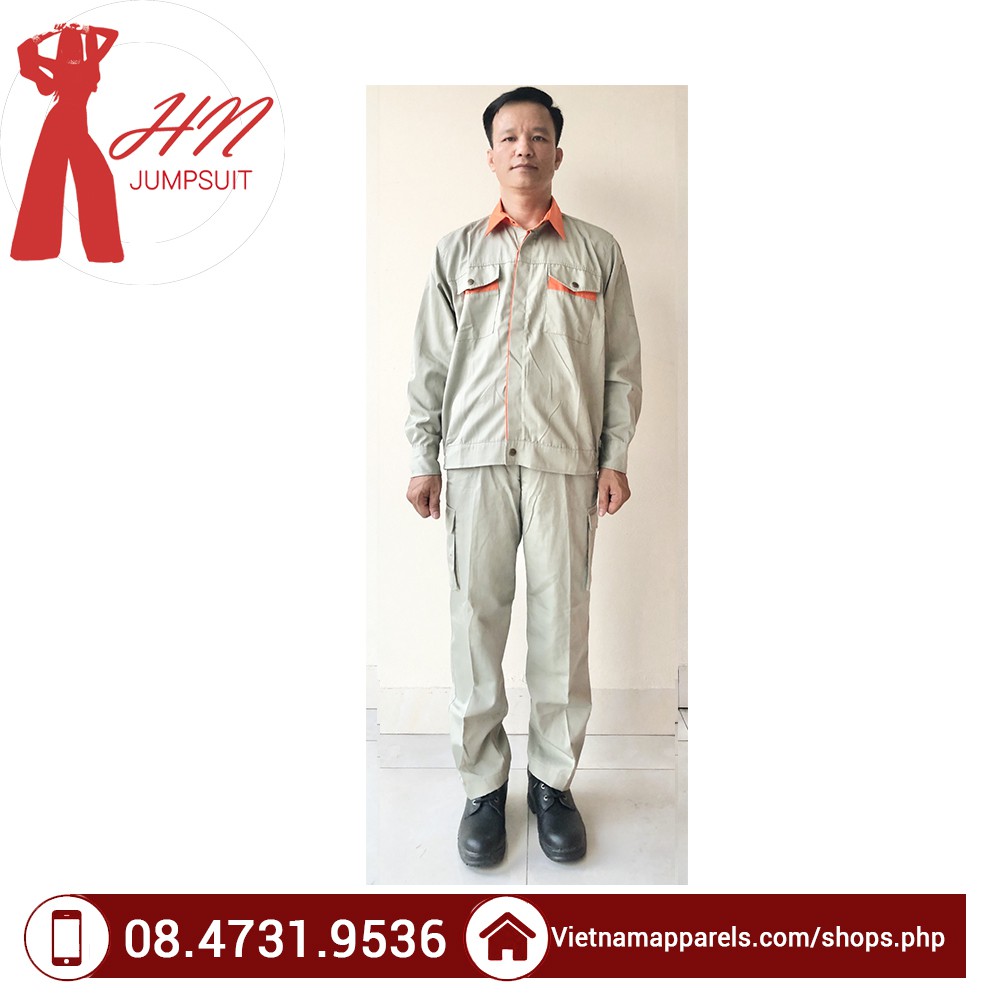 Bộ kaki Hàn Quốc quần áo bảo hộ lao động đẹp túi hộp ghi phối cam siêu bền; Bền màu và mặt vải mịn bóng không xù