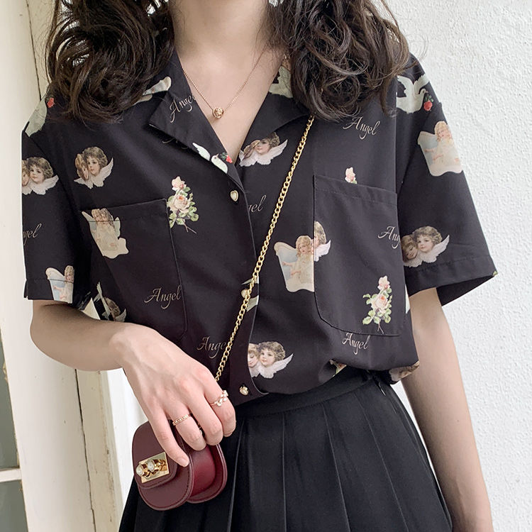 Áo sơ mi BH tay ngắn cổ chữ V in hình thiên thần phong cách retro Nhật Bản cao cấp