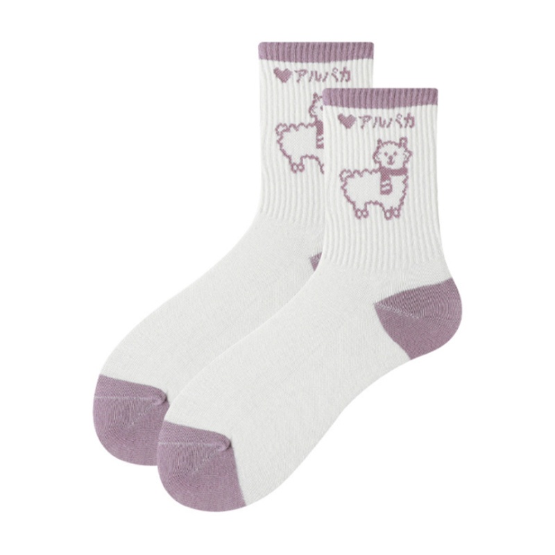 Vớ Cotton Họa Tiết Sọc Tím / Trắng In Hình Chú Cừu Hoạt Hình Dễ Thương Cho Nữ