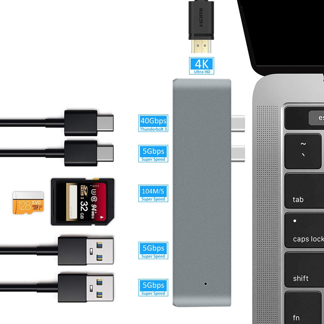 Hub Type C Hub Usb C Hub Với 2 Cổng Usb 3.0, 4k Hdmi, 2 Usb-C Pd Cho Macbook Pro 2016 2017 2018