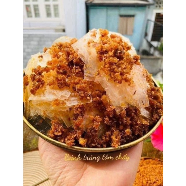 Bánh Tráng Tôm Cháy. Bánh tráng làm hoàn toàn từ Tôm xay ra và cháy lên rất thơm ngon. Bịch 150gr hút chân ko