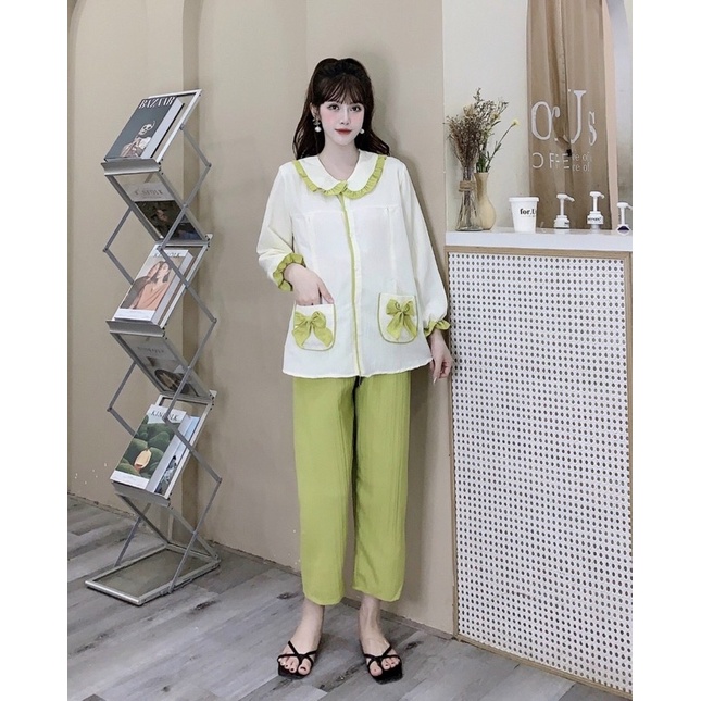 Bộ Đồ Mặc Nhà Viền Bèo Phối Nơ Tiểu Thư Cho Bầu Và Sau Sinh