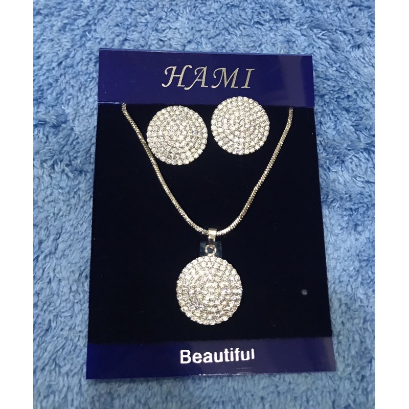 Bộ dây chuyền và bông tai hột xoàn bản to bạc Ý