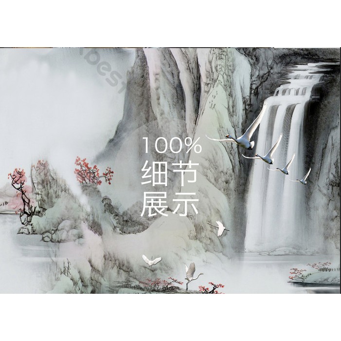 Thủy mặc vẽ tay nước chảy trên núi xuống,Tranh 3d dán tường hiện đại phòng khách, phòng ngủ  MS1080624