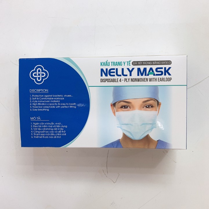 Khẩu Trang Y Tế Giấy Kháng Khuẩn 4 Lớp NELLY MASK Màu Xanh - Khẩu Trang Kháng Khuẩn Tiệt Trùng Bằng Khí E.O