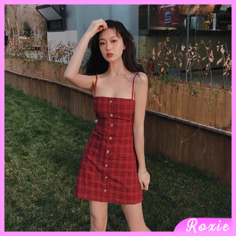 Váy 2 dây body dáng ngắn ulzzang, Váy hai dây caro đỏ dự tiệc Hàn Quốc - Roxie