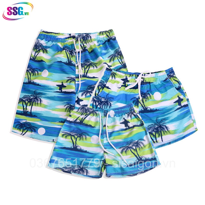 Quần đi biển nam nữ gia đình, quần đùi chất dù dày dặn mặt mát đường may chắc chắn họa tiết CÂY DỪA