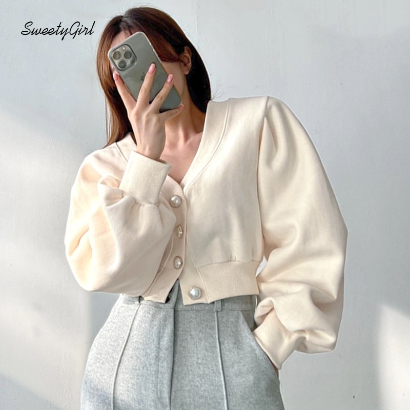 Áo Sơ Mi Tay Dài Cổ Chữ V Dáng Ôm Màu Trơn Cài Nút Thời Trang Cho Nữ