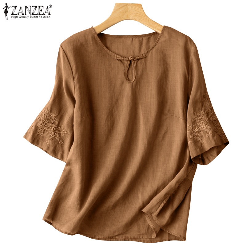 Áo thun cotton tay lửng cổ tròn ZANZEA đơn giản dành cho nữ