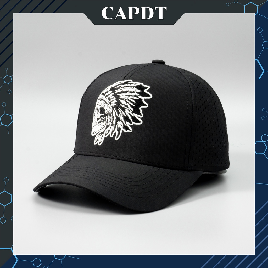 Mũ lưỡi trai chính hãng CAPDT, nón nam nữ unisex trucker thêu logo đầu lâu thổ dân màu đen DT07