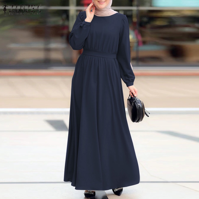 Zanzea Đầm Chữ A Cột Dây Cổ Tròn Màu Trơn Thanh Lịch Đơn Giản Dành Cho Phụ Nữ Hồi Giáo