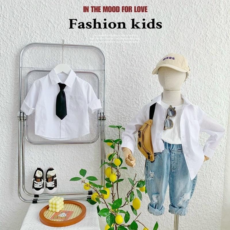 Áo sơ mi trắng kèm cà vạt bé trai